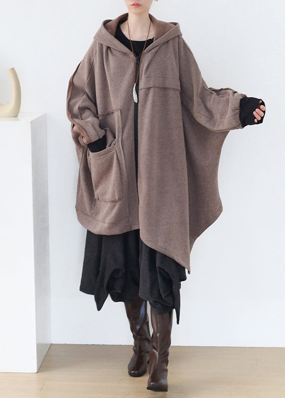 Boho Khaki Asymmetrische Patchwork Reißverschluss Dicke Baumwolle Hoded