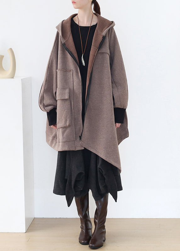 Boho Khaki Asymmetrische Patchwork Reißverschluss Dicke Baumwolle Hoded