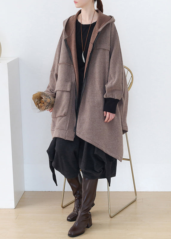 Boho Khaki Asymmetrische Patchwork Reißverschluss Dicke Baumwolle Hoded