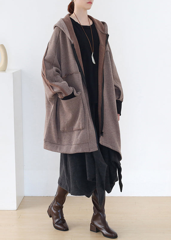 Boho Khaki Asymmetrische Patchwork Reißverschluss Dicke Baumwolle Hoded