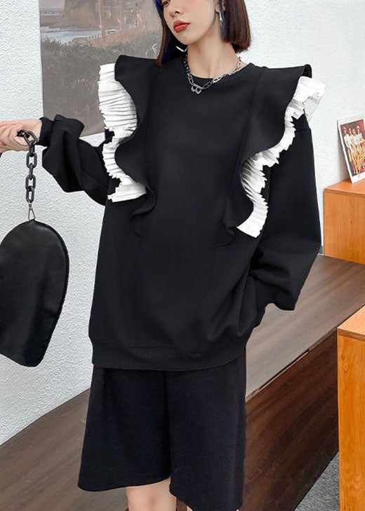 Boho Khaki O-Ausschnitt Retro Rüschen Patchwork Herbst Sweatshirt Street Wear