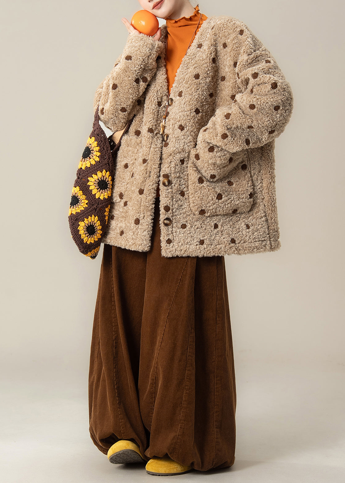 Boho Khaki Oversized Jacquard Warm Faux Wool Jackets Winter