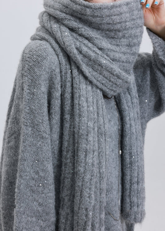 Bufanda acogedora de punto de lana cálida con lentejuelas caqui bohemia