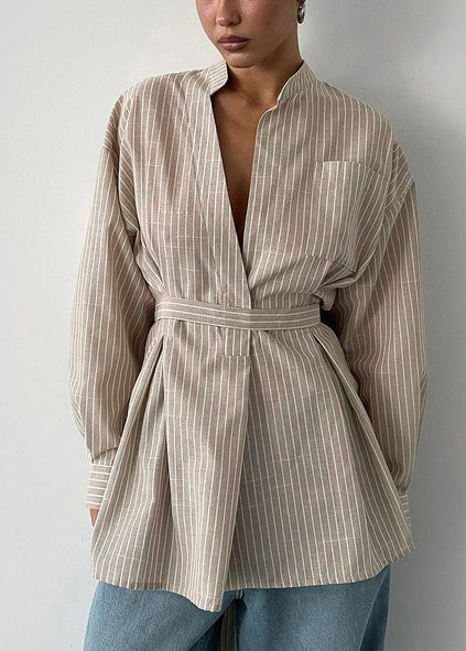 Boho Khaki Striped Linen Tunic Shirt Top Fall