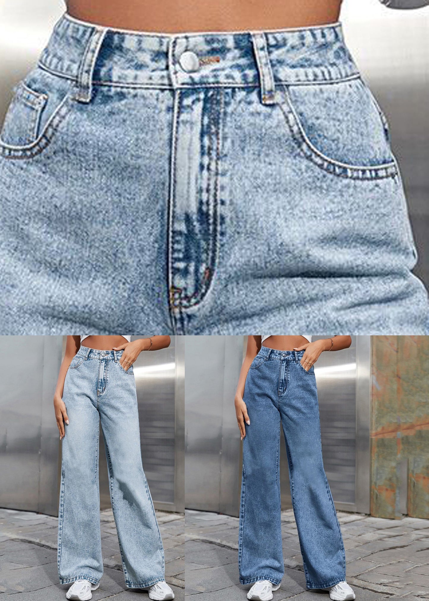 Boho-Hellblaue High-Waist-Denimhose mit geradem Bund für den Frühling