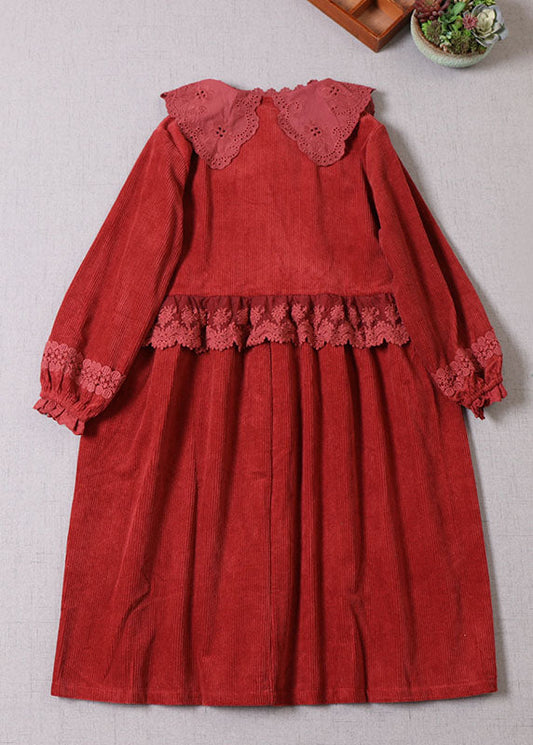 Boho Maulbeerspitze Patchwork Cordkleid Langarm