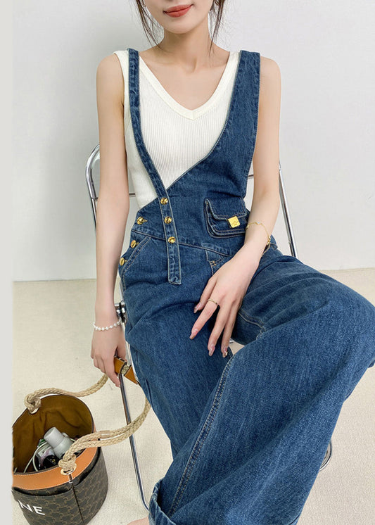 Boho Navy Asymmetrical Design Denim Jumpsuits Summer