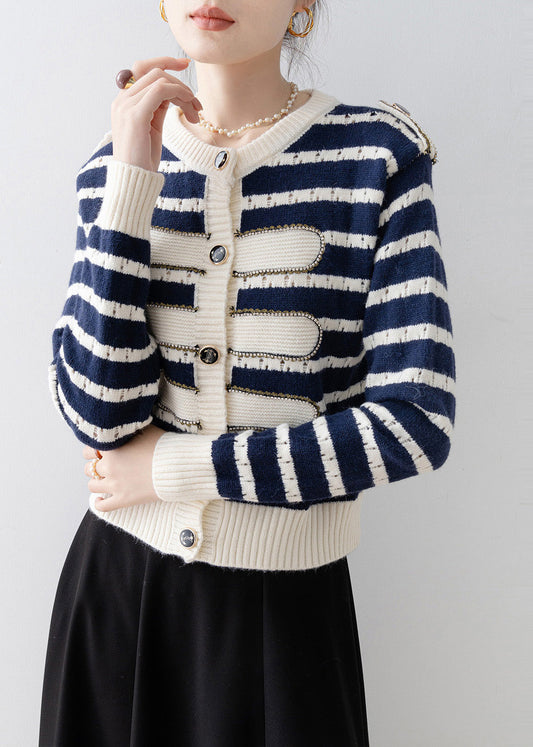 Boho Navy O-Neck Striped Knit Cardigan Spring