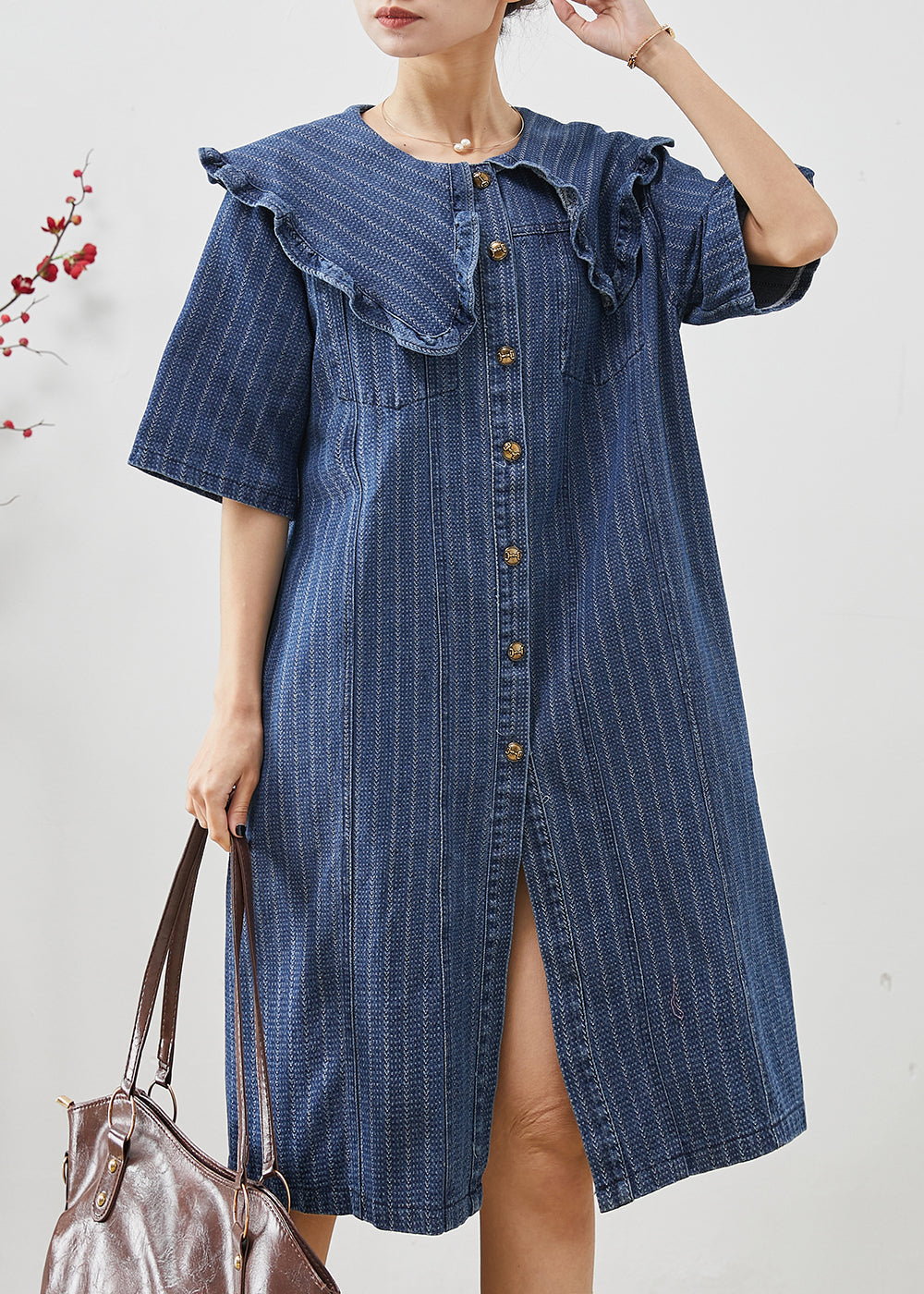 Boho Navy Peter Pan Kragen Gestreiftes Denim Midikleid Sommer