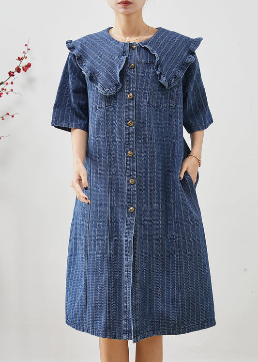 Boho Navy Peter Pan Kragen Gestreiftes Denim Midikleid Sommer