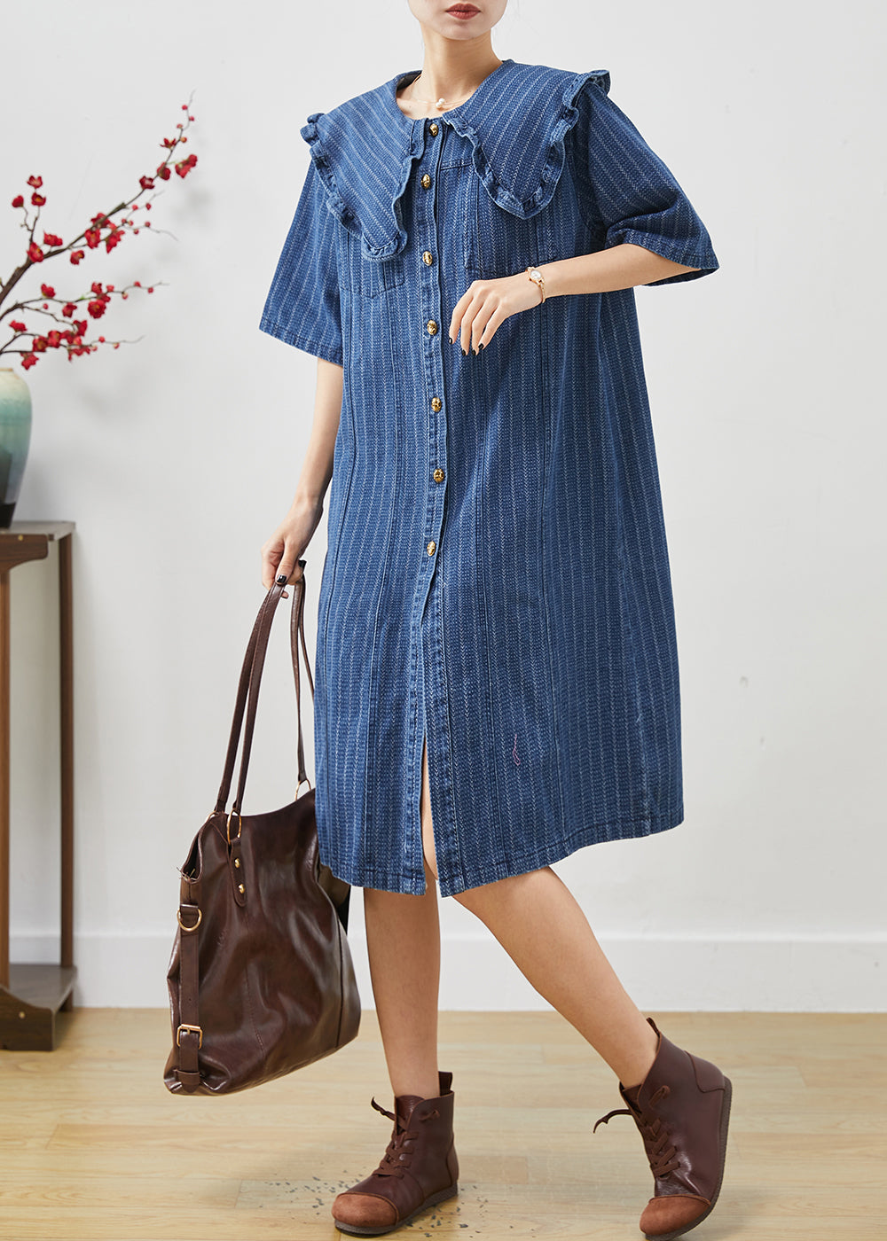 Boho Navy Peter Pan Kragen Gestreiftes Denim Midikleid Sommer