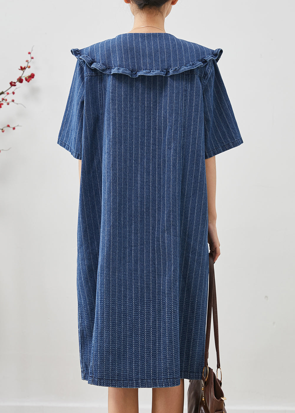 Boho Navy Peter Pan Kragen Gestreiftes Denim Midikleid Sommer
