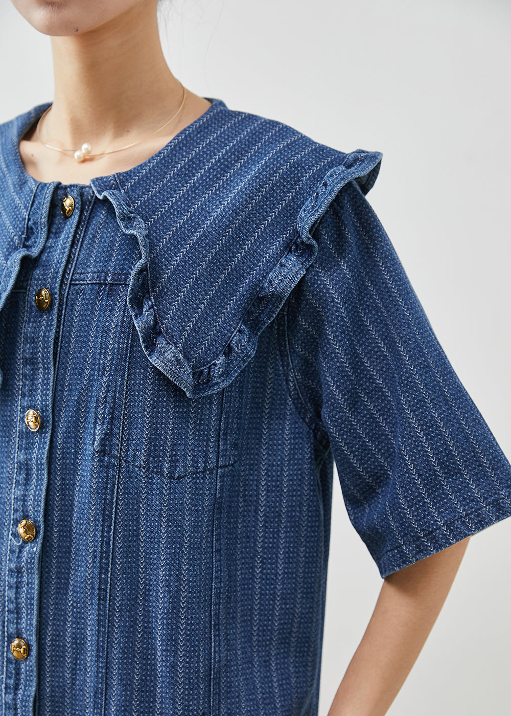 Boho Navy Peter Pan Kragen Gestreiftes Denim Midikleid Sommer