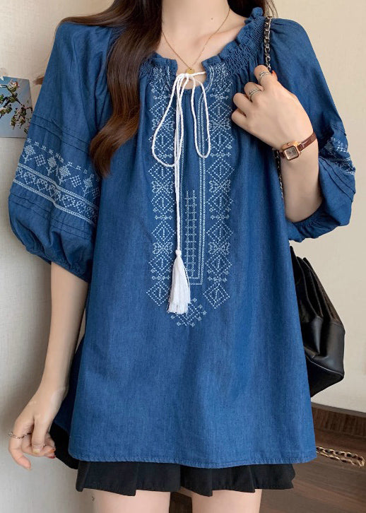 Boho Navy Ruffled Embroidered Cotton Blouses Bracelet Sleeve