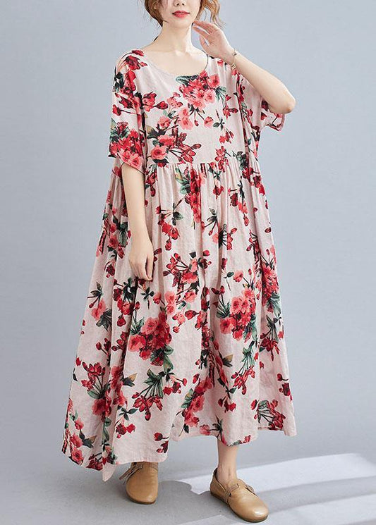 Boho Pink Floral O-Neck Patchwork Summer Half Sleeve Dresses - SooLinen