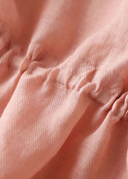 Boho Pink Cinched Patchwork Leinen Bluse Tops Halbarm