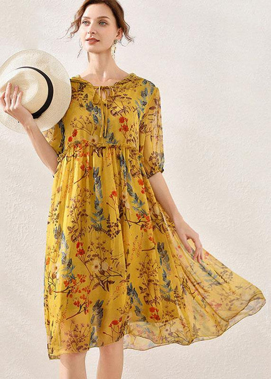 Boho Pink Cinched Print Summer Chiffon Mid Dress Half Sleeve - SooLinen