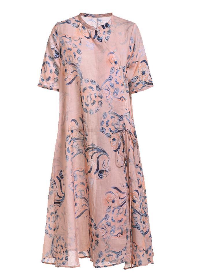 Boho Pink Print Tie Waist Patchwork Summer Ramie Long Dress Short Sleeve - SooLinen