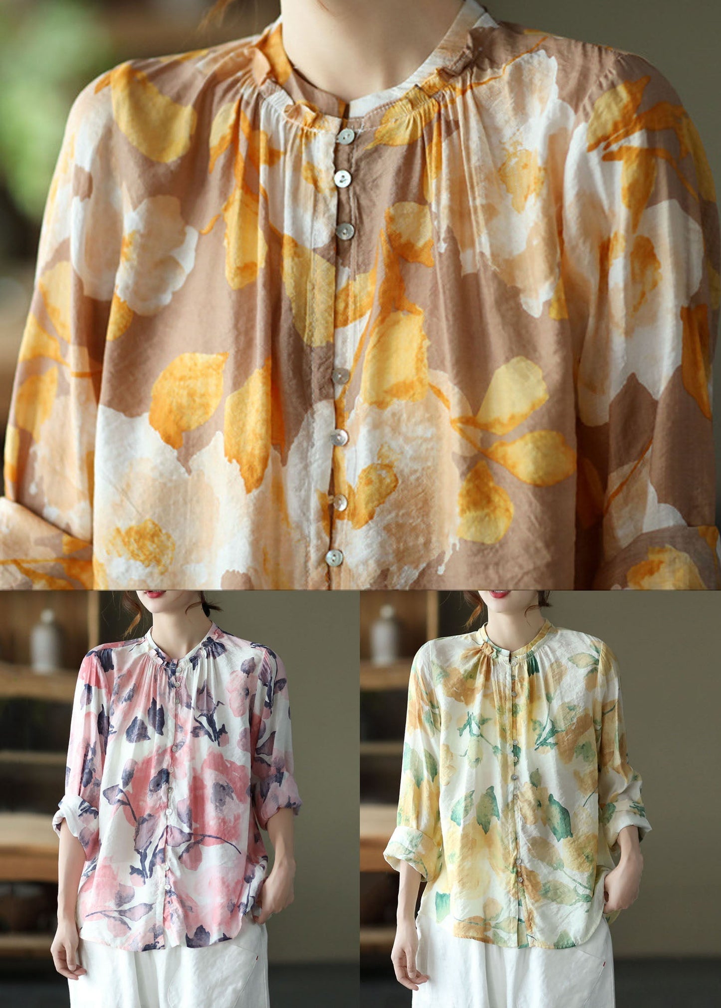 Camisa de algodón con cuello alto, estampado de patchwork, color rosa bohemio, manga larga