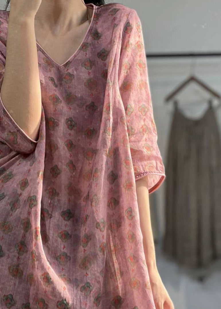 Vestido midi de lino con cuello en V, estampado de patchwork y estampado bohemio en rosa para verano