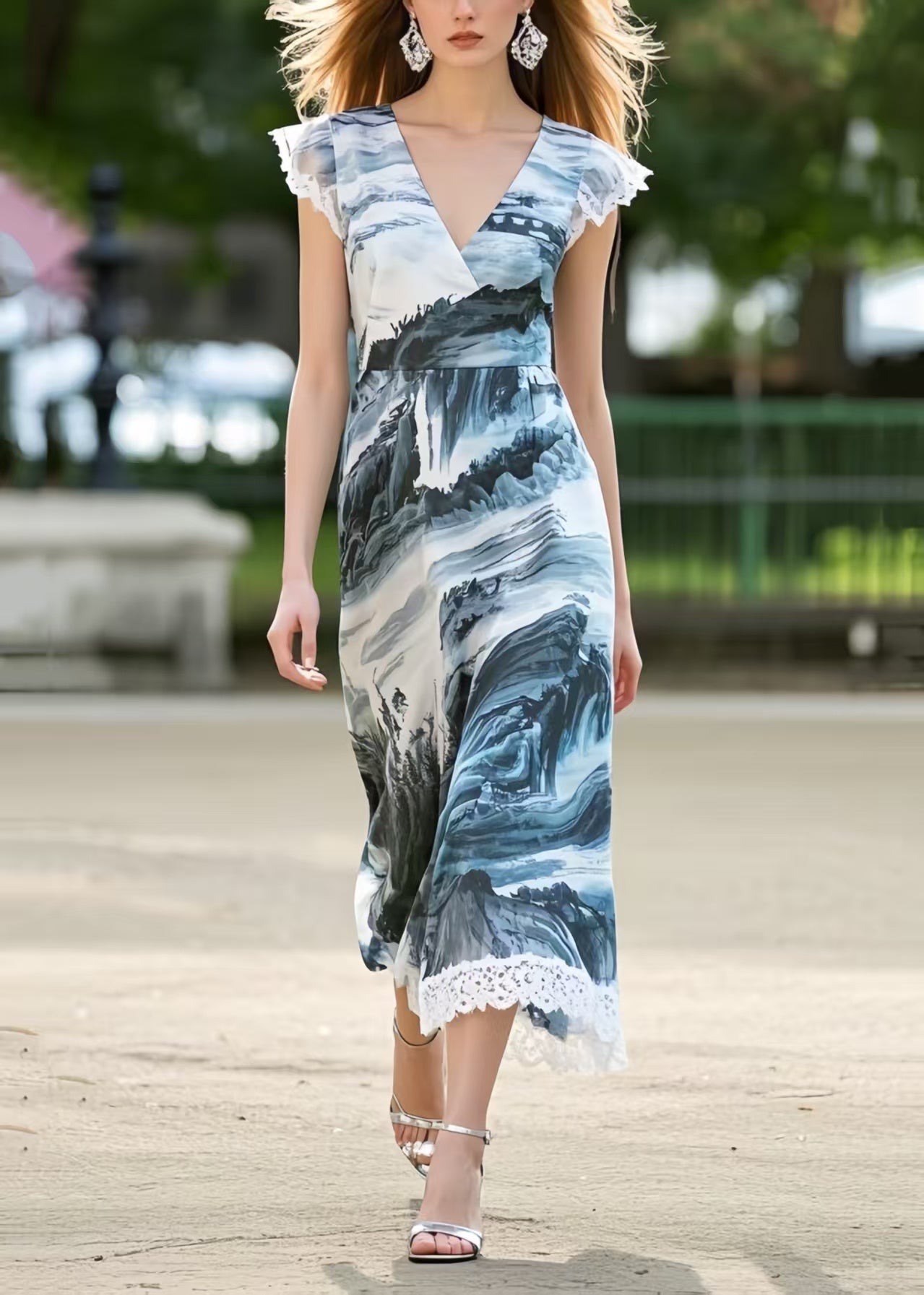 Boho Print Patchwork Lace Holiday Dresses Sleeveless