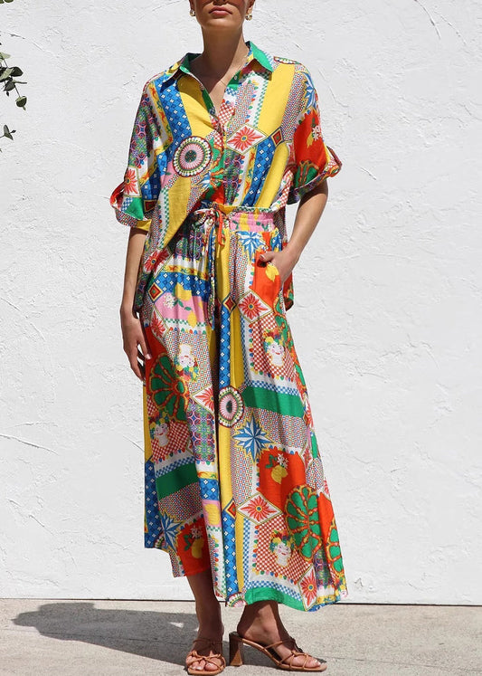 Boho Print Shirts And Maxi Skirts Two Piece Set Short Sleeve