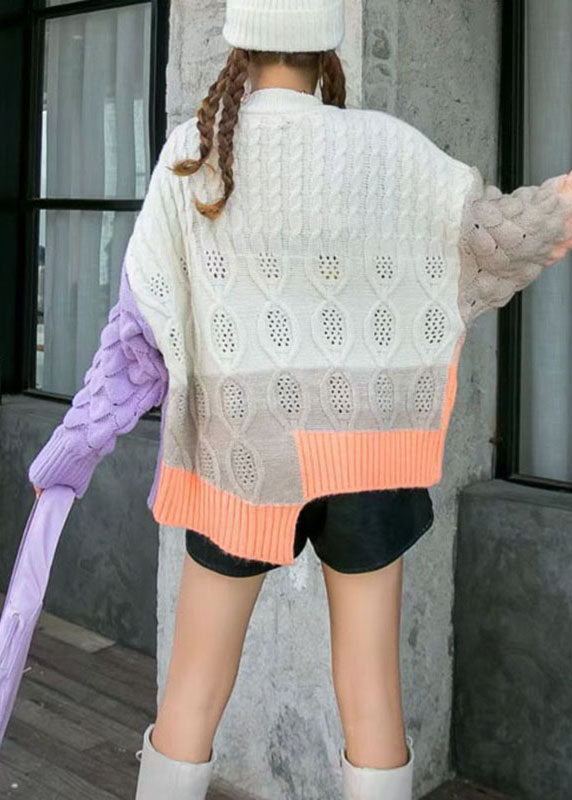 Boho Lila Locker Lässiger Patchwork Herbst Mantel Pullover