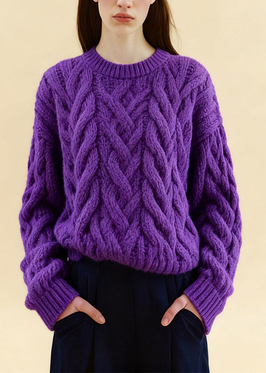 Suéteres de punto trenzado bohemios morados de gran tamaño y acogedores para invierno