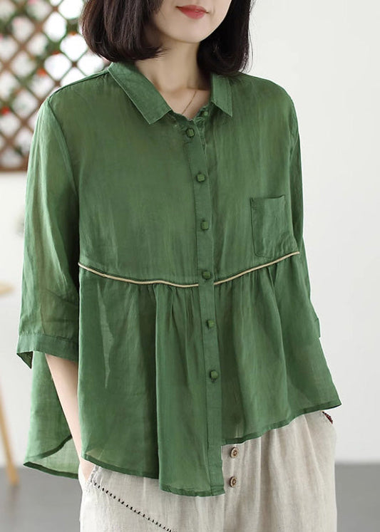 Camisas de ramio con botones y patchwork asimétricos de cuello Peter Pan morado estilo bohemio, manga media