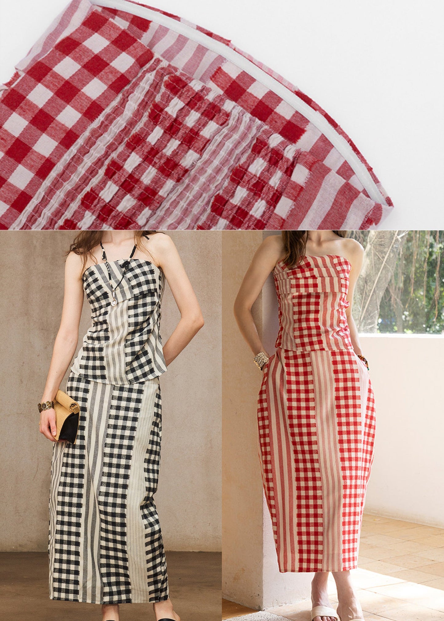Boho Red Backless Plaid Cotton Two Pieces Set Summer