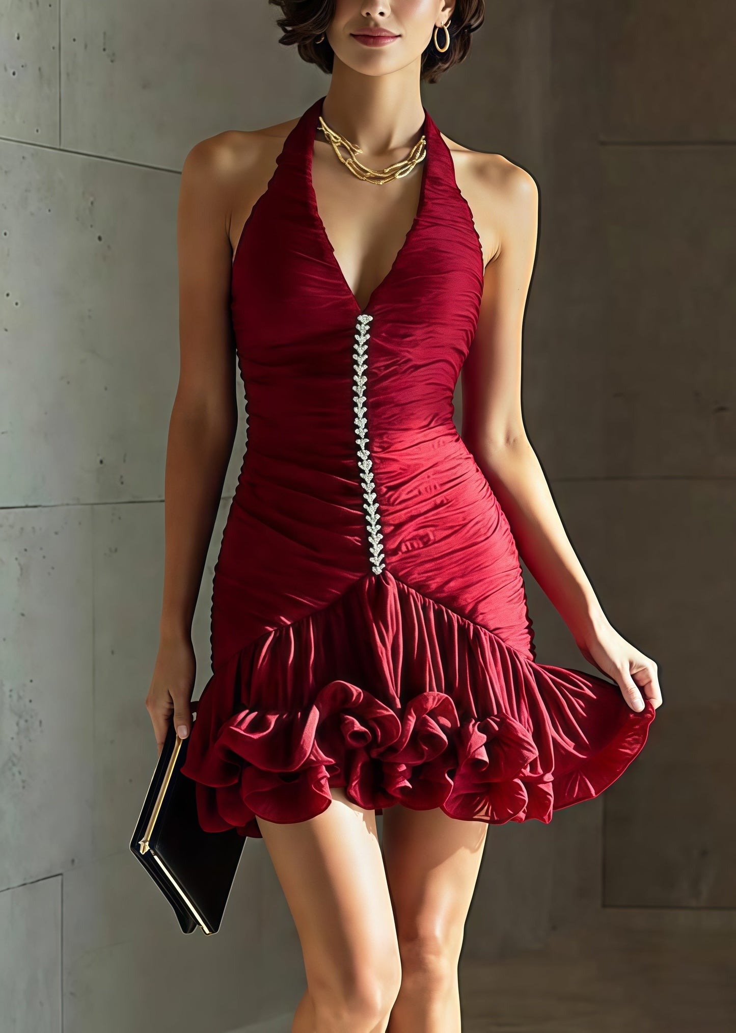 Boho Red Halter Ruffled Organza Tea Dress Summer