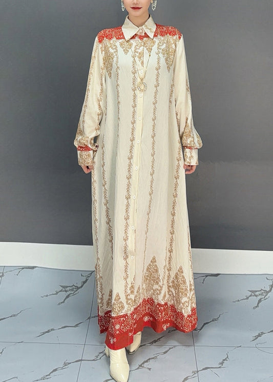Boho Red Print Button Holiday Maxi Shirts Dresses Fall