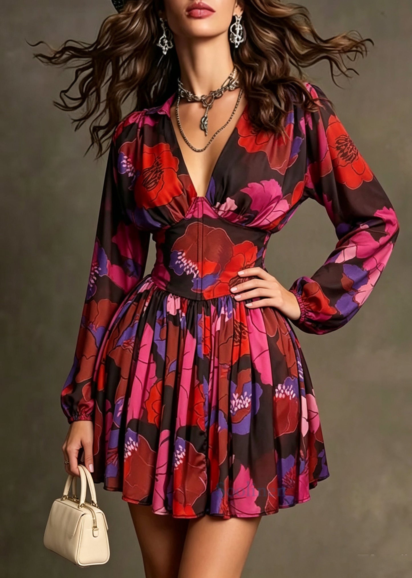 Boho Red V Neck Print Chiffon Shift Dress Summer