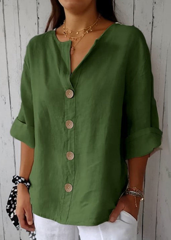 Boho Red V Neck Print Patchwork Button Solid Top Summer