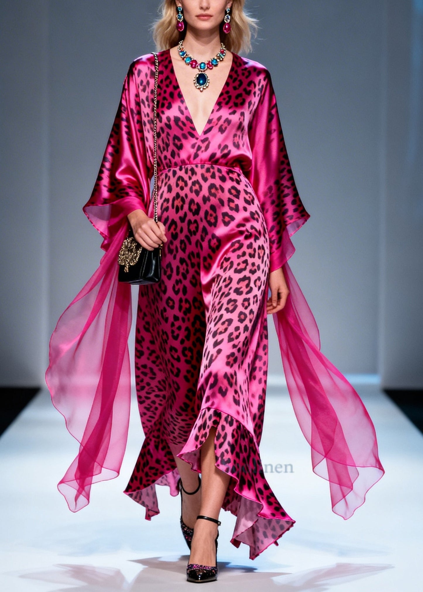 Boho Rose Ruffled Leopard Print Silk Long Dresses Summer