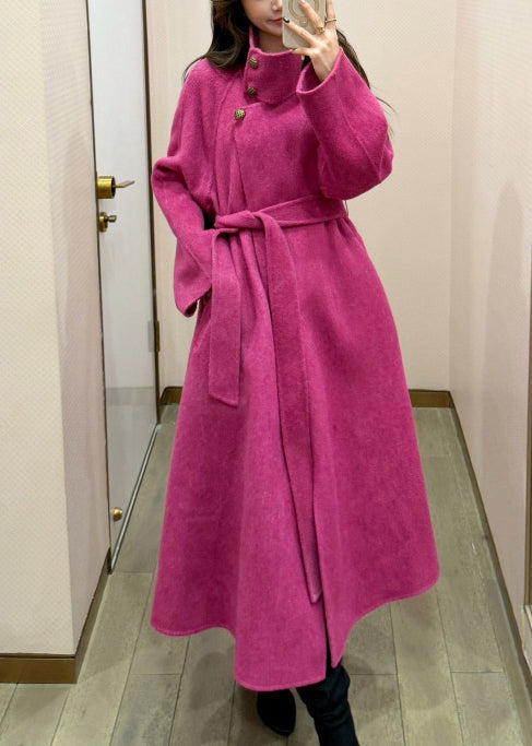 Boho-Rosen-Trenchcoat aus Wolle mit Stehkragen und Bindegürtel für den Winter