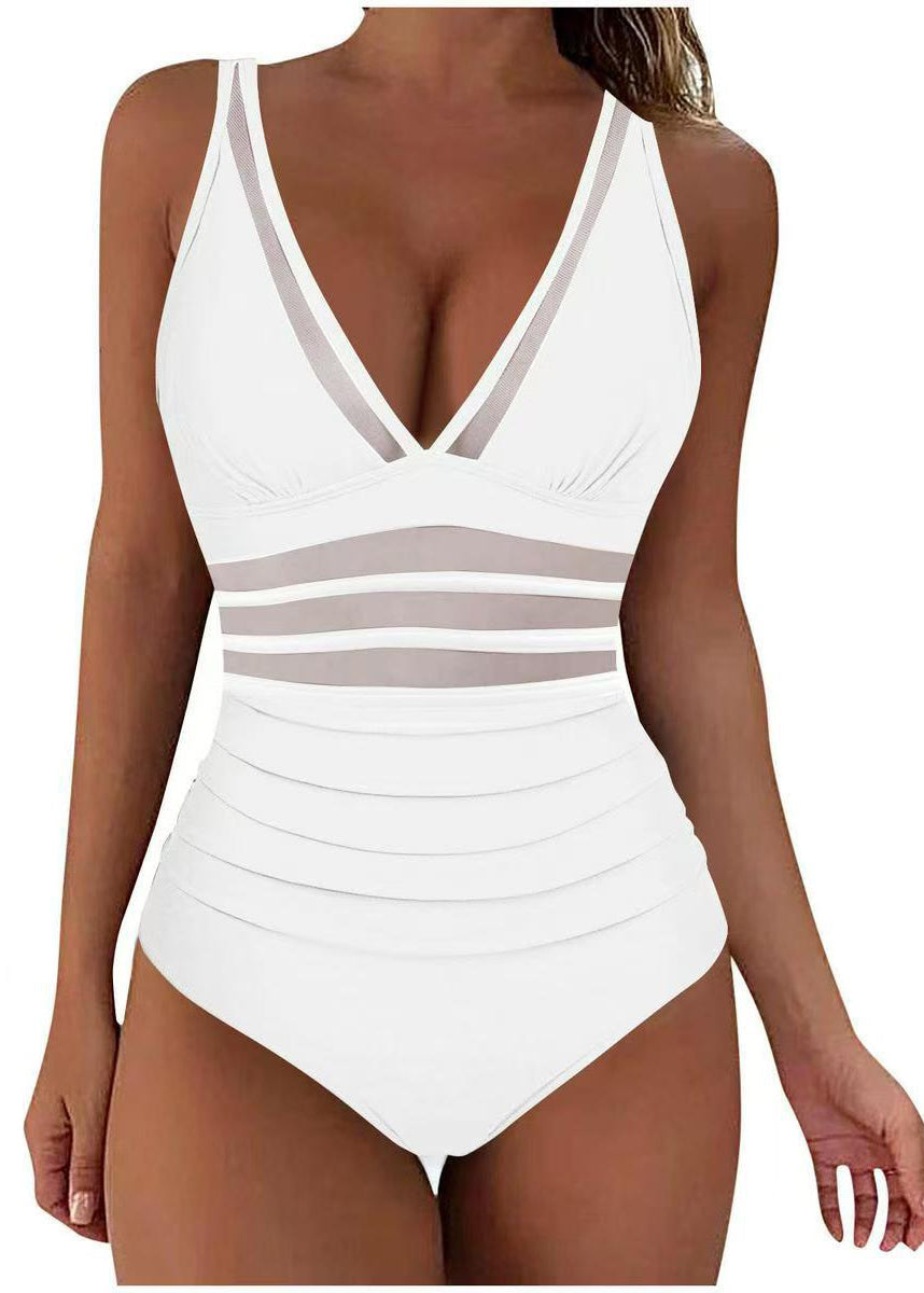 Boho Rose V Neck Wrinkled Patchwork Mesh Swimwear Bodysuit