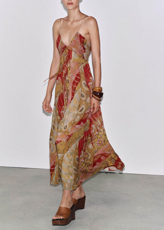 Boho V Neck Print Backless Chiffon Spaghetti Strap Dress Summer