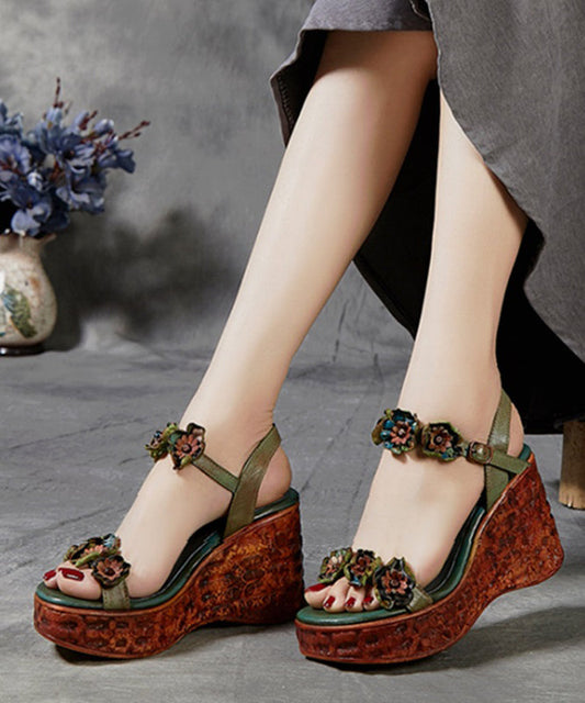 Boho Keilsandalen Peep Toe Braun Rindsleder Floral