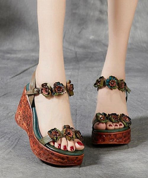 Boho Keilsandalen Peep Toe Braun Rindsleder Floral