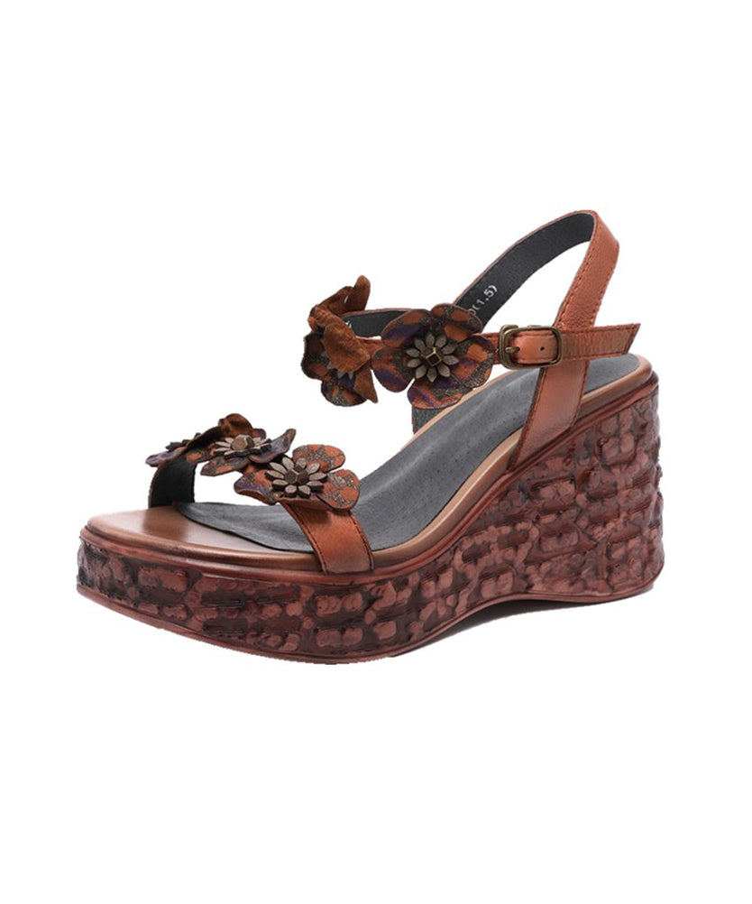 Boho Keilsandalen Peep Toe Braun Rindsleder Floral