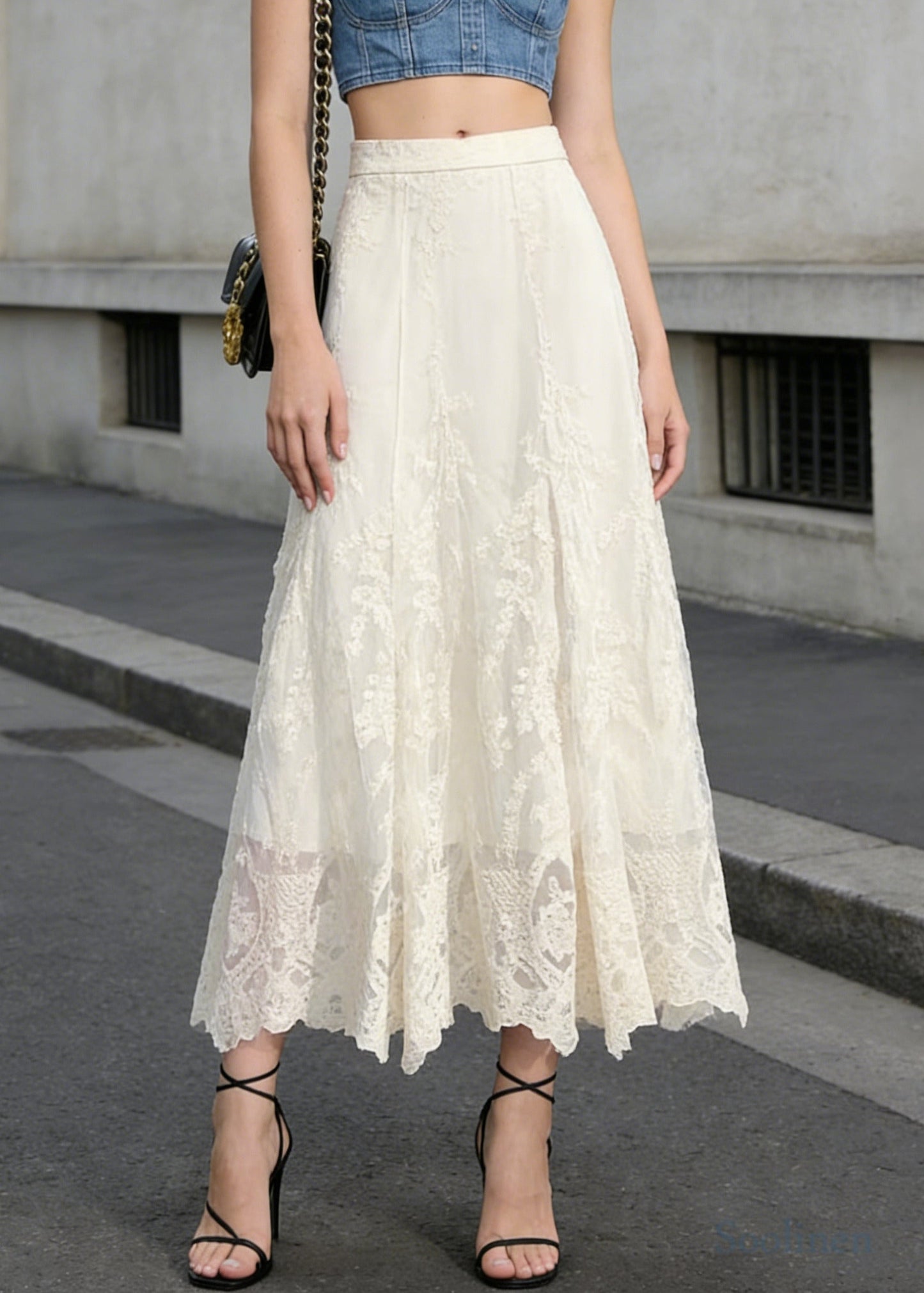 Boho White High Waist Embroidered Lace A Line Skirts Spring