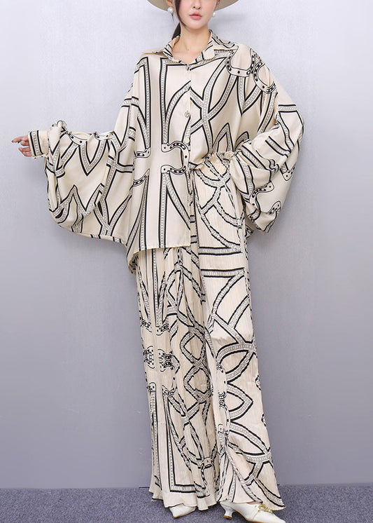 Boho White Oversized Print Silk Two Piece Set Outfits Batwing Sleeve