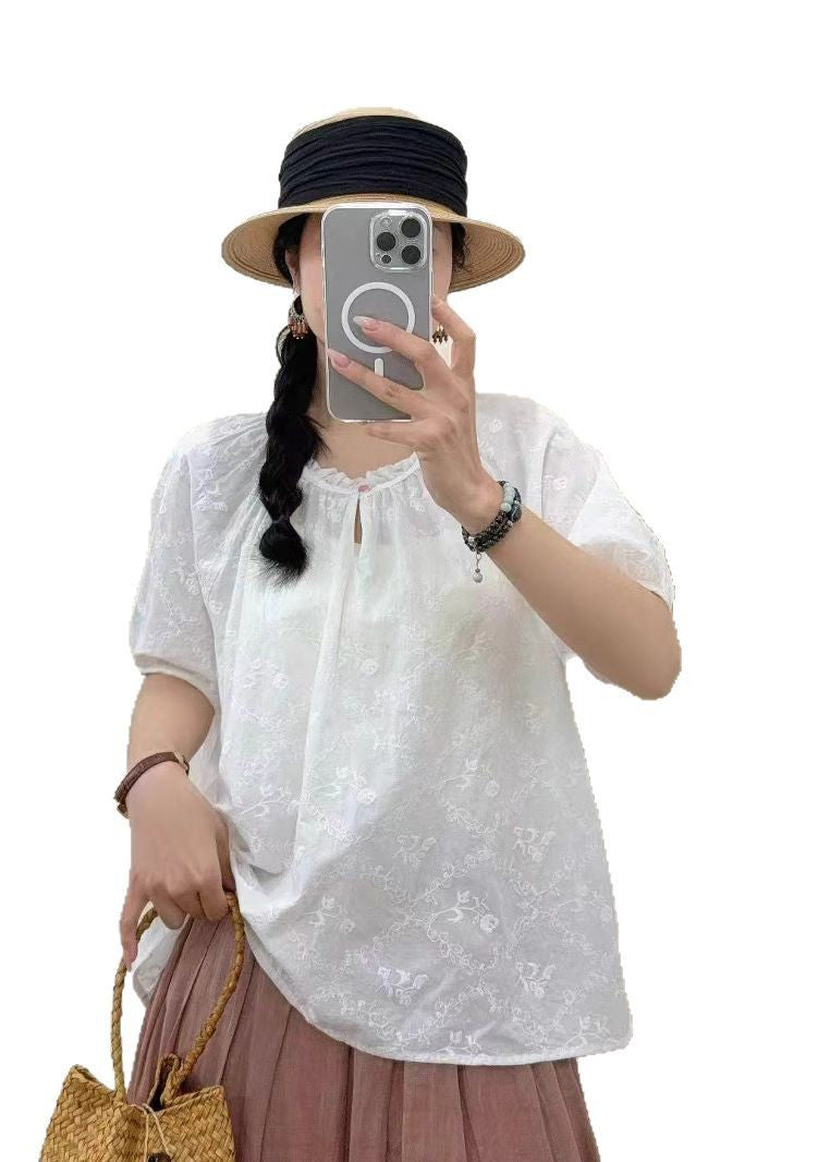 Boho White Ruffled Embroidered Cotton Shirt Tops Summer