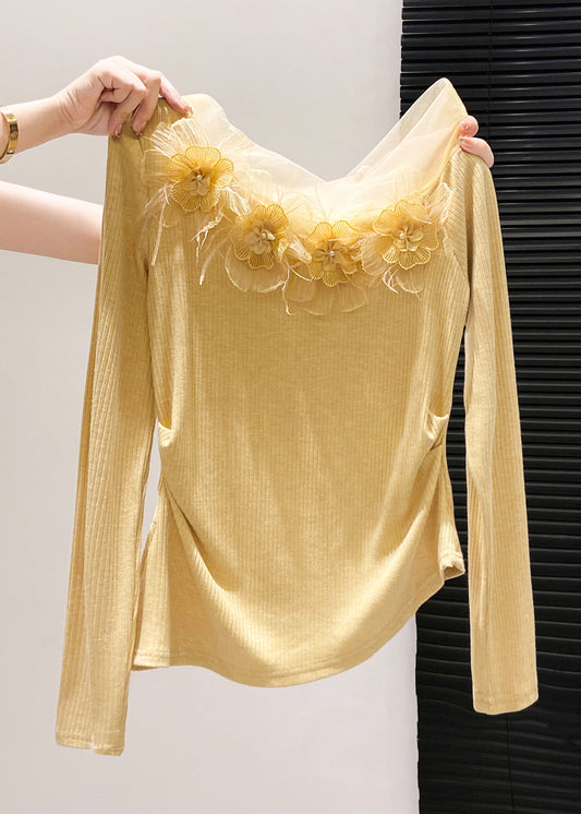 Boho-Top aus gelber Baumwolle mit Blumenmuster und seitlichem Schlitz für den Frühling