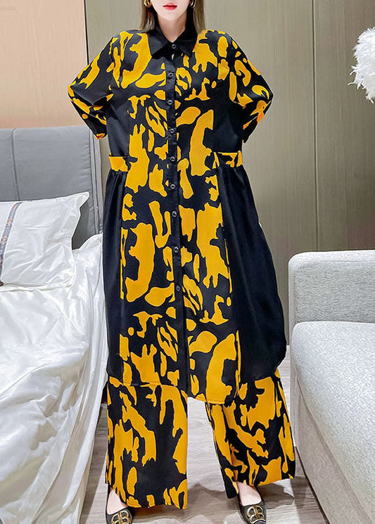 Boho Gelb Peter Pan Kragen Patchwork Seide Hemd weite Beinhose Zweiteiler Set Frühling