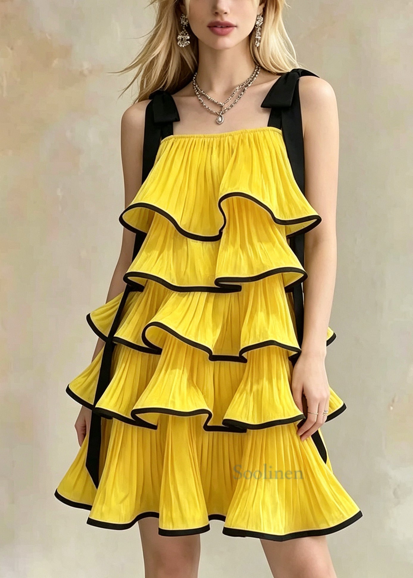Boho Yellow Ruffled Bow Chiffon Cami Dress Summer