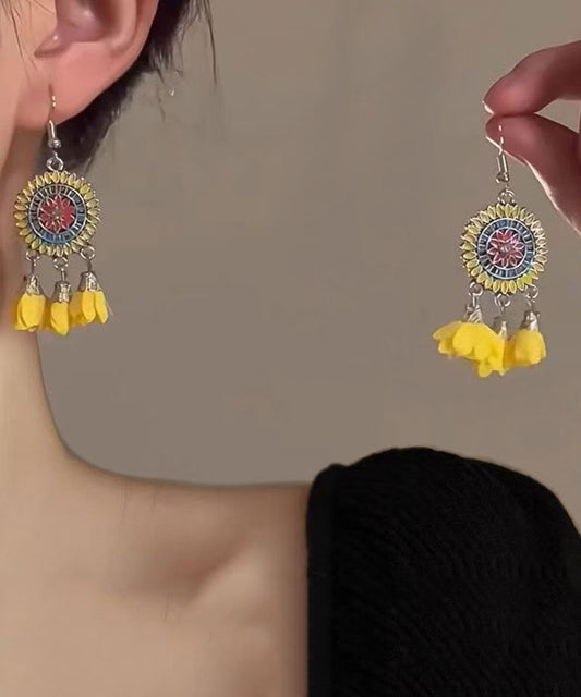 Boho Yellow Sterling Silver Floral Tassel Drop Earrings