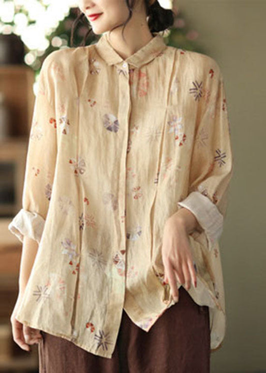 Boho light Green button Peter Pan Collar Linen Blouses Spring