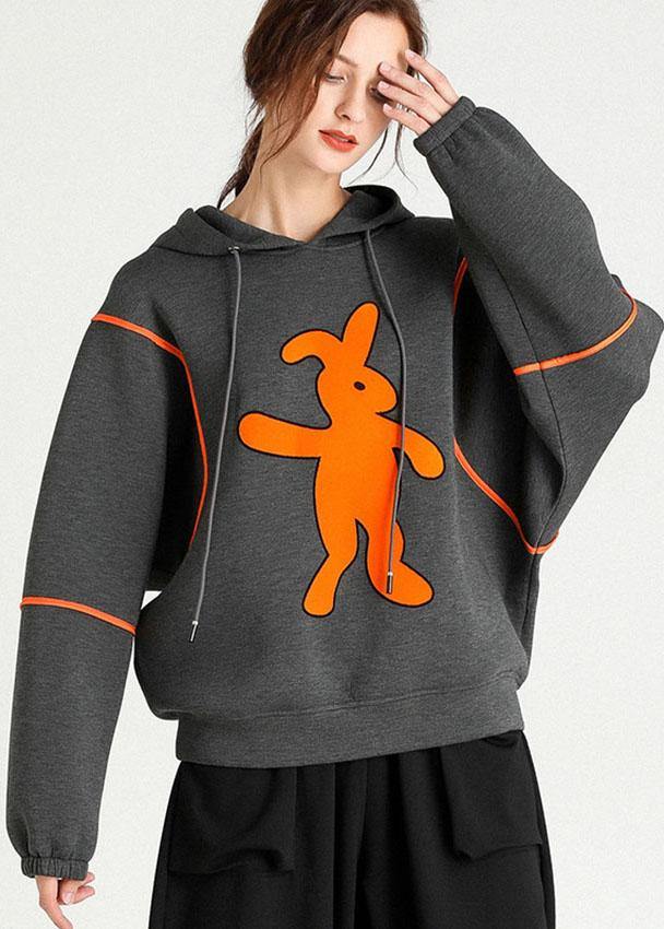 Boho Grey Print Drawstring Print Fall Loose Sweatshirt - SooLinen